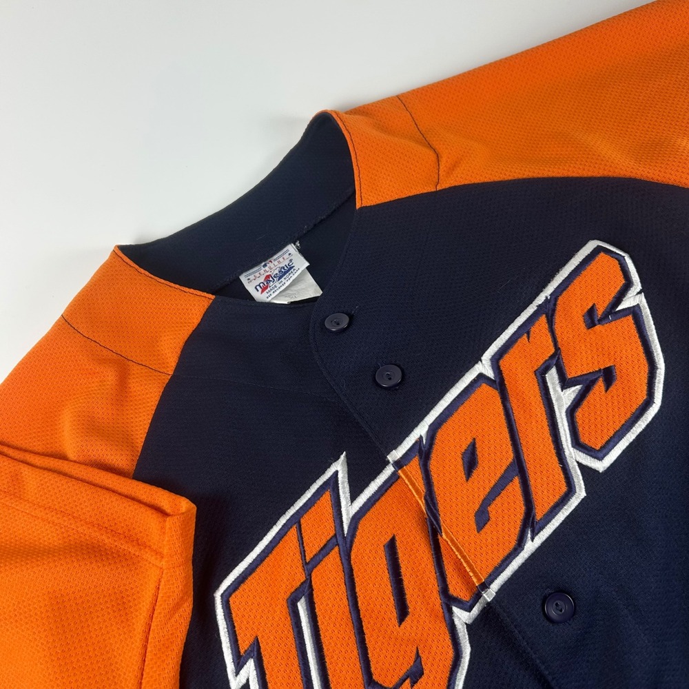 Detroit Tigers Men's XL Majestic Blue Orange VTG Y2K Button Short Sleeve Jersey